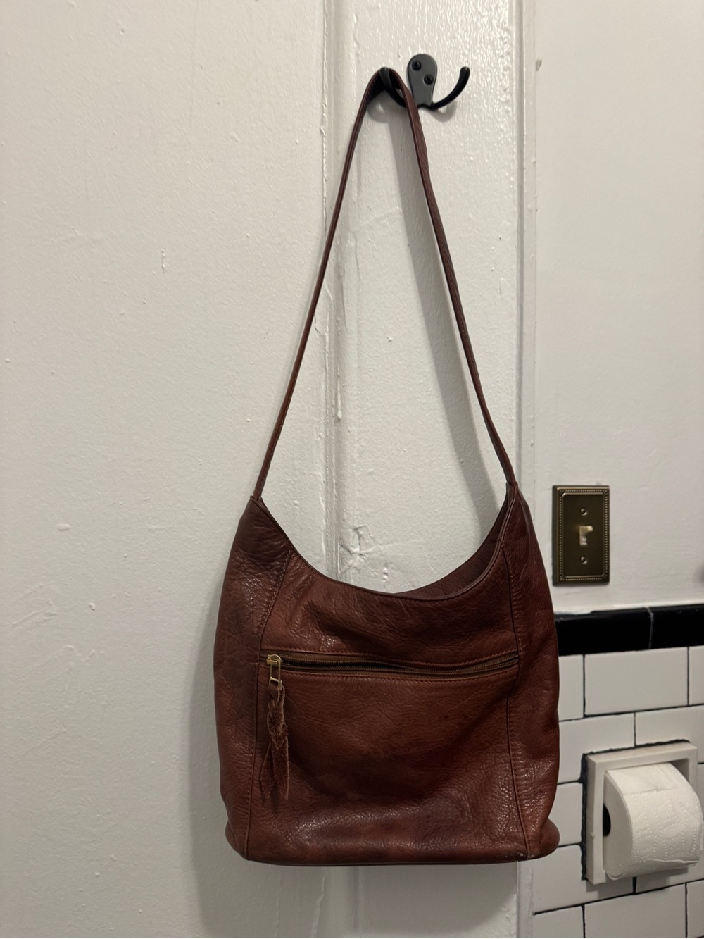 Women's Brown Leather Shoulder Bag with Front Zip Pocket